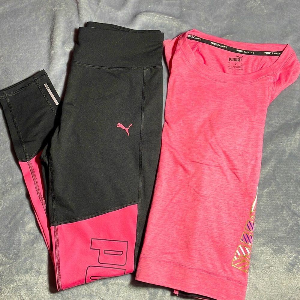 PUMA Set T Shirt + Leggings Black/Pink Size M Women’s New Condition